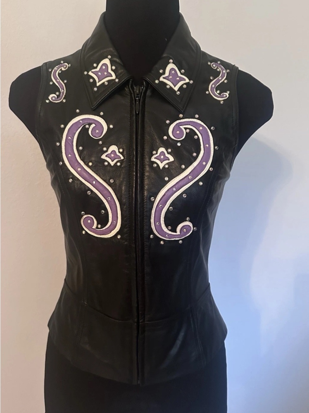 Women’s Black Leather Zip Vest with Purple appliqués show vest